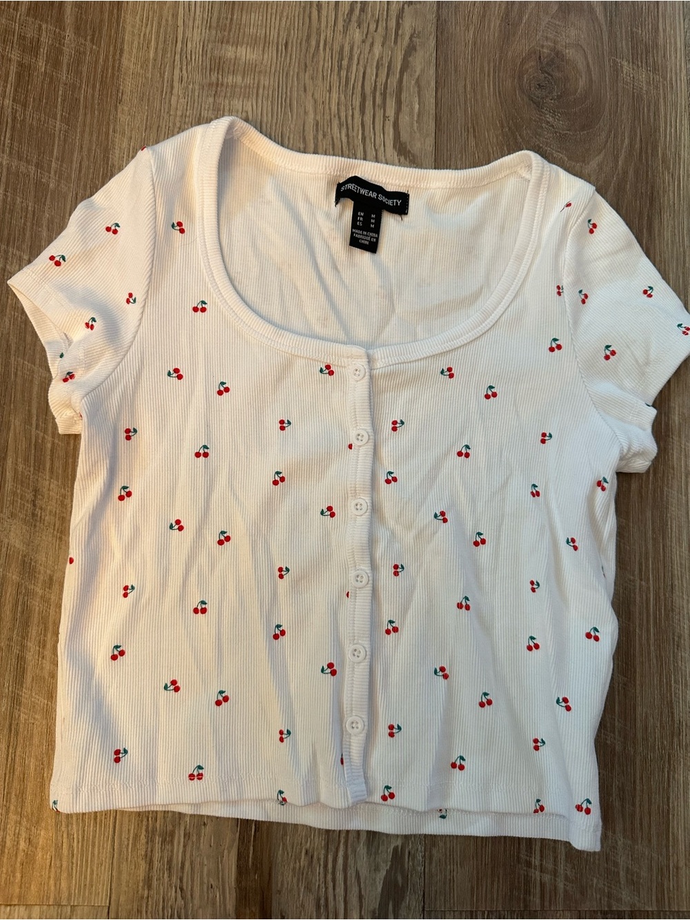 Brand New Medium Streetwear Society White Cherry Print Ribbed Button Up Shirt